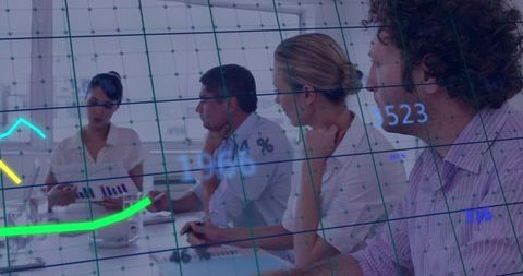 Team Presenting Financial Data with Transparent Graph Overlay in Corporate Meeting
