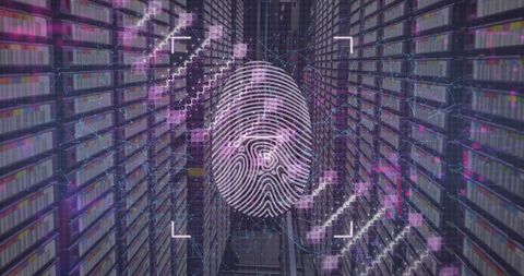 Biometric fingerprint overlays server room in cyber security concept