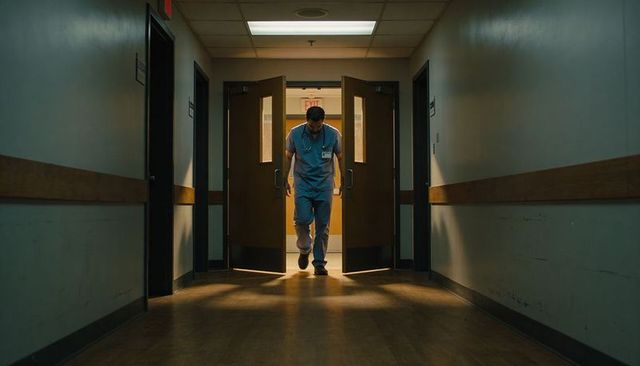 Doctor standing in double doors of dim hospital corridor wearing scrubs stethoscope badge