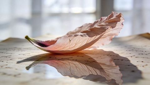 Delicate pink petal casting mirror reflection over handwritten script, soft window light