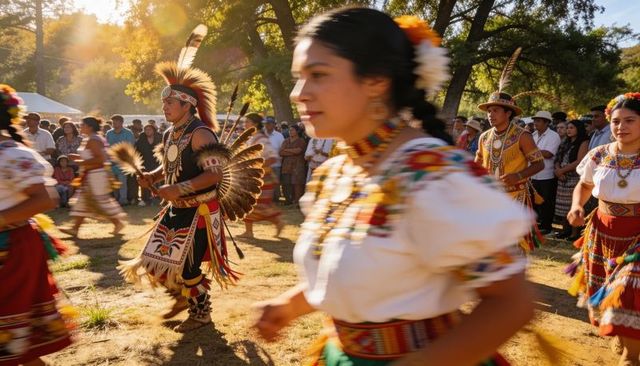 Dancing indigenous men and women wearing colorful traditional regalia at powwow