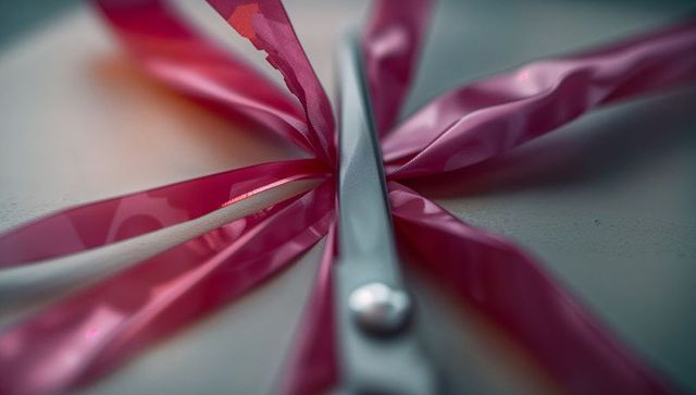 Artistic close-up of scissors cutting pink ribbon strips