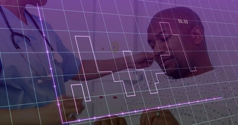 Nurse checking patient with ecg data overlay during bedside clinical assessment