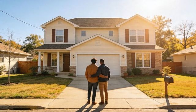 Two men standing arm in arm in driveway looking at new two-story suburban home at sunset