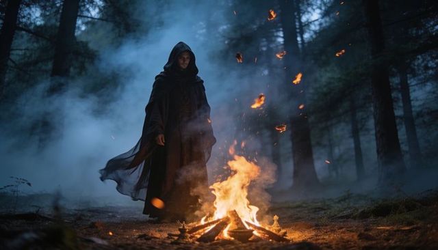 Hooded figure standing and watching campfire in misty pine forest at twilight