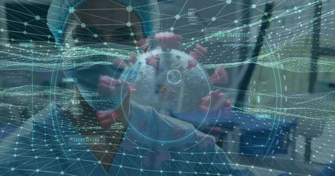 Researcher Analyzing 3D Virus Model with Data Overlay in Laboratory