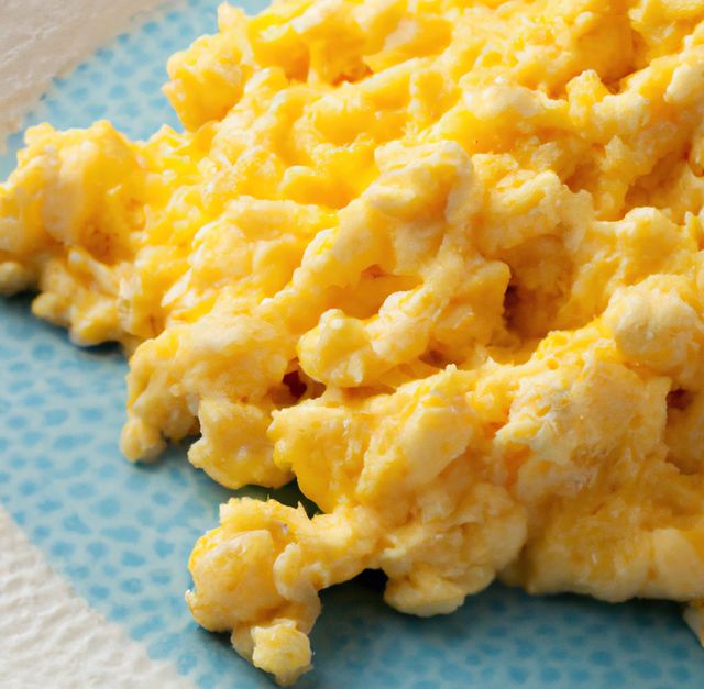 Image of close up of fresh scrambled eggs on blue and white plate. Fresh food, eating and breakfast concept.