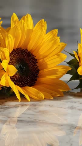 Sunflowers Shifting into Center on Marble Surface Vertical Pan Reflecting Yellow Petals