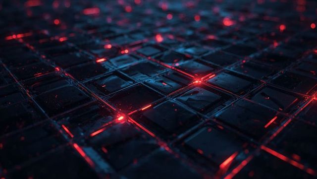 Futuristic black grid with red neon reflections and particles