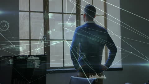 Businessman Contemplating with Virtual Network Overlay