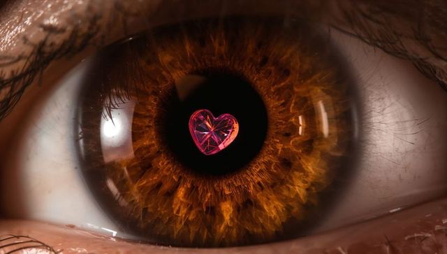 Hazel iris macro with heart-shaped pink reflection in pupil, close-up conceptual love view