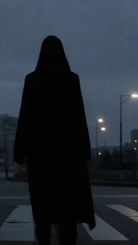 Cinematic vertical video hooded figure walking across zebra crossing at dusk pausing in solitude