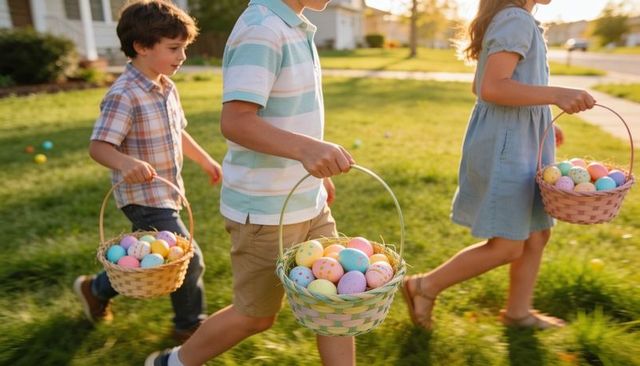 Children carrying pastel easter baskets across sunny suburban lawn during egg hunt