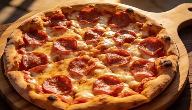 Wood-fired pepperoni pizza on rustic wooden paddle with golden melted cheese and crispy crust