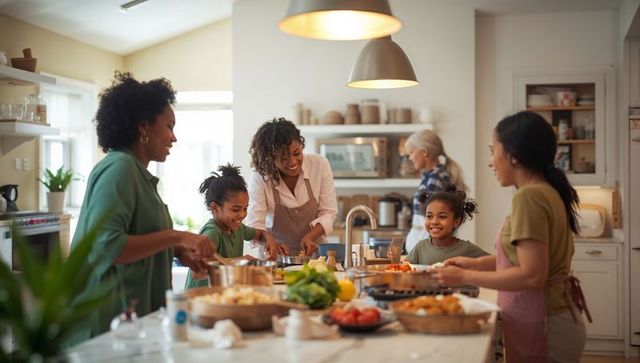 Multigenerational family cooking together in sunlit kitchen, chopping vegetables and smiling