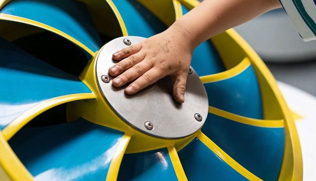 Child pressing colorful turbine hub with dirty hand playing at interactive science exhibit