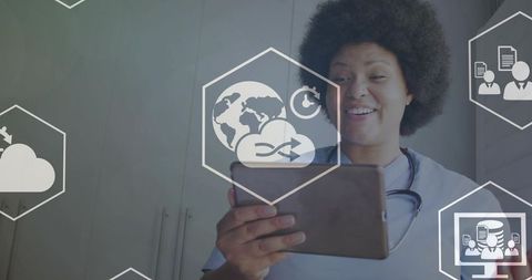 Clinician using tablet with telemedicine cloud and data icons for virtual care