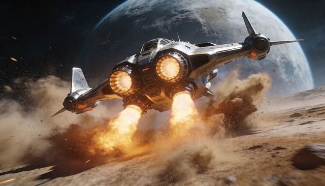 Futuristic spacecraft blasting off from rocky moon surface with triple fiery thrusters