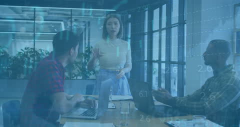 Business Meeting with Financial Data Overlay in Modern Office