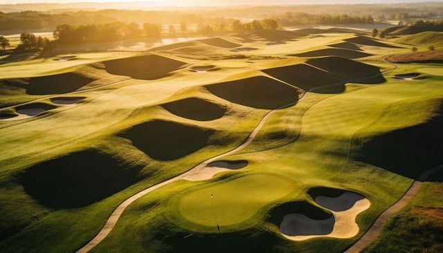 Basking golden morning golf course showing sculpted bunkers and glowing putting green