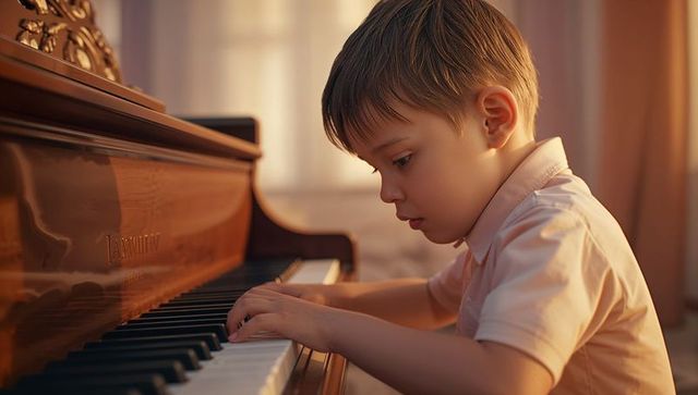 Young Child Concentrated on Learning to Play Piano at Home