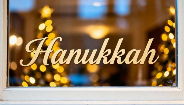Cream script hanukkah window decal with warm holiday bokeh lights and subtle storefront glow