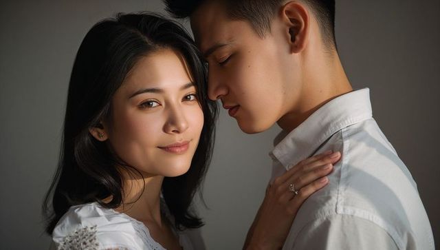 Romantic couple holding close showing engagement ring intimate studio portrait soft light