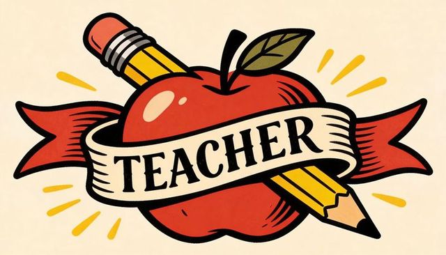 Retro teacher apple with pencil and ribbon banner vintage tattoo style illustration