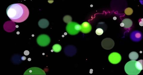 Glowing Neon Green Bokeh Floating on Dark Canvas with Magenta Orb and Violet Energy Trail