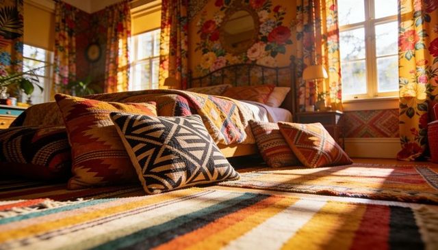 Sunlit bohemian bedroom with southwestern throw pillows and striped woven rug
