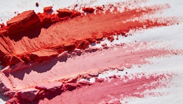 Crushed coral and dusty rose pigment smearing into gradient texture macro palette