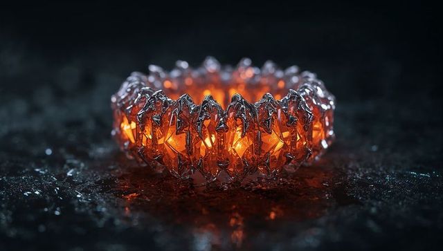 Glowing crystalline ring with lustrous orange-red emission