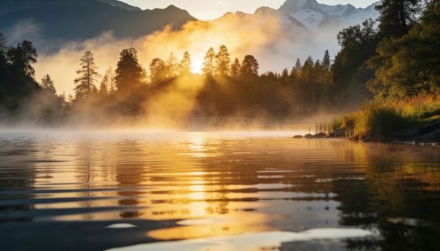 Sunbeams casting golden mist over alpine lake, conifers bathing in morning light