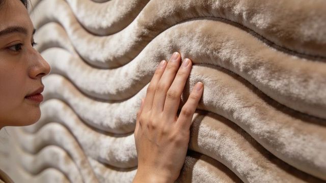 Woman touching wavy plush fabric swatch, showcasing luxurious velvet wallcovering texture