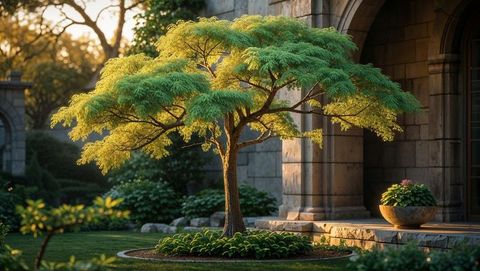 Ornamental tree illuminated by sunset in elegant courtyard garden