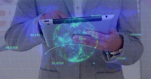 Business professional holding tablet projecting holographic globe HUD digital presentation