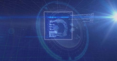 Futuristic holographic 3d hud interface with geospatial radar rings, code overlay and lens flare