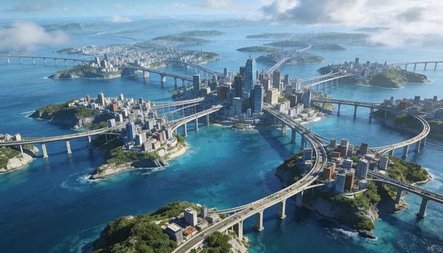 Futuristic island metropolis with radiating elevated highways and sweeping curved bridges