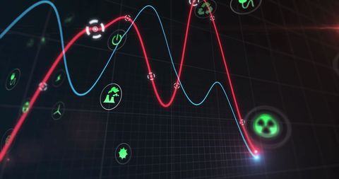 Digital Graphs with Virtual Tech Icons on Black Background - Download Free Stock Images Pikwizard.com