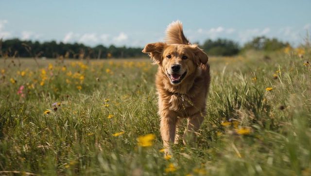 Joyful Golden Retriever Running Through Sunlit Wildflower Meadow Panting With Collar Tag