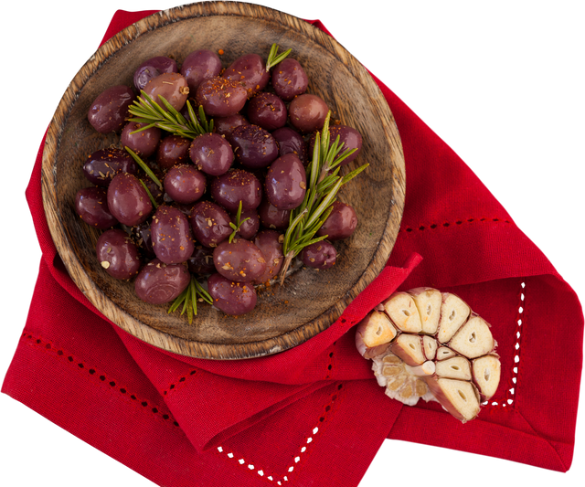 Transparent Bowl of Marinated Olives with Rosemary and Garlic on Red Fabric - Download Free Stock Videos Pikwizard.com