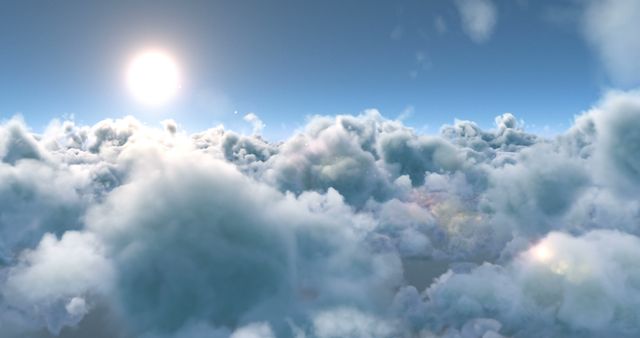 Sunlight beams through a serene sky filled with fluffy clouds, with copy space. This tranquil scene evokes a sense of calm and might be used for themes of peace, freedom, or spirituality.