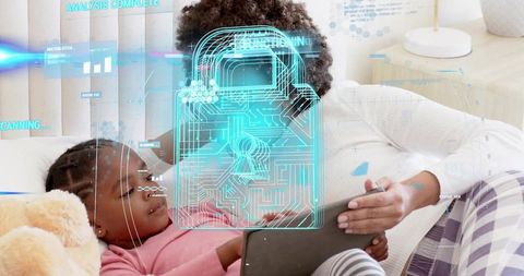 Mother and daughter using tablet with holographic padlock representing digital privacy