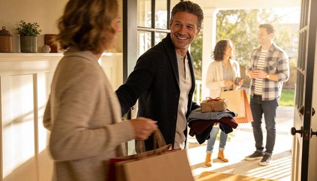 Smiling man holding sweaters and gift at open door welcoming friends with shopping bags