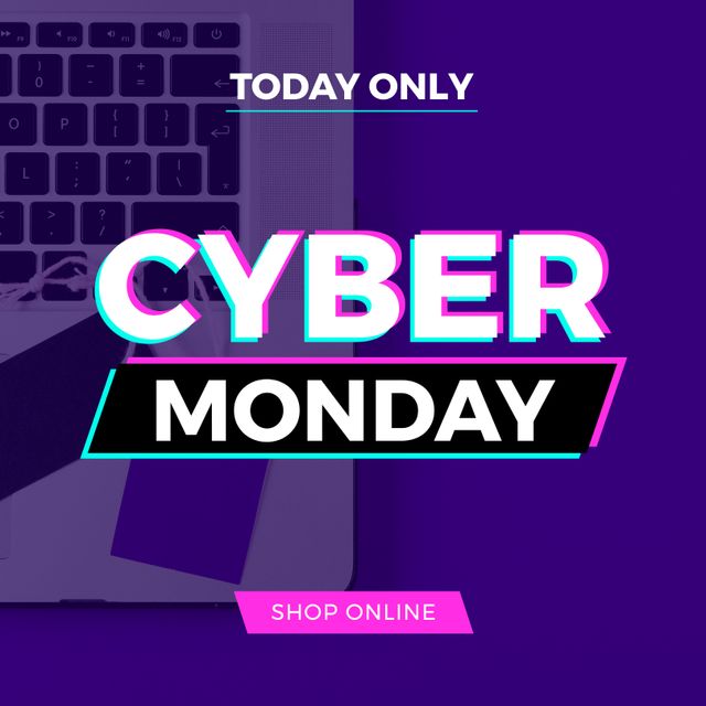 Composition of cyber monday text over laptop on purple background. Cyber monday, shopping and sale concept digitally generated image.
