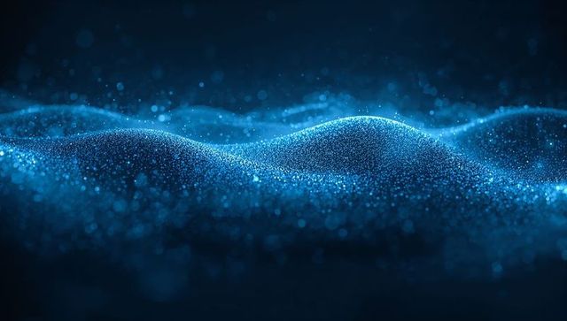 Shimmering blue particle wave undulating across dark field with neon bokeh glow