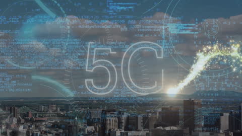 Futuristic City with Digital Interface and Data Elements