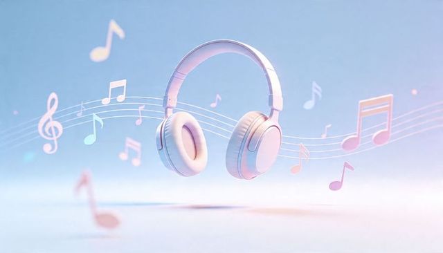 Floating white over-ear headphones with pastel musical notes and treble clef melody