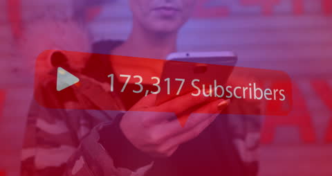 Woman Holding Smartphone with Digital Subscriber Count Display