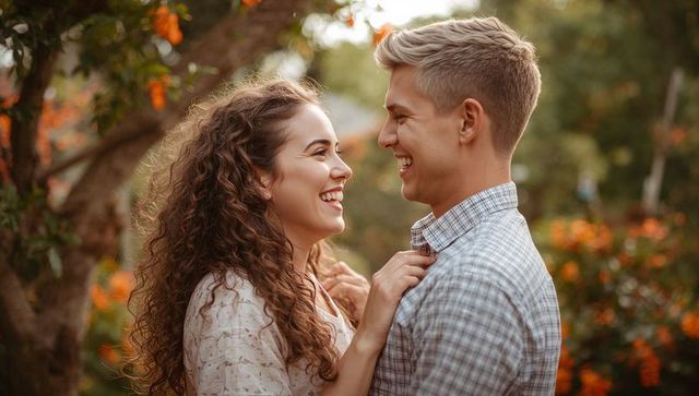 Happy Couple Connecting in Orchard Surrounded by Natural Beauty